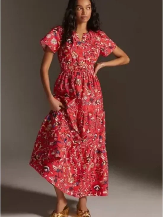 Anthropologie Maeve Somerset Maxi Dress M in Red Geo Floral Print Cotton Dress - Picture 1 of 11